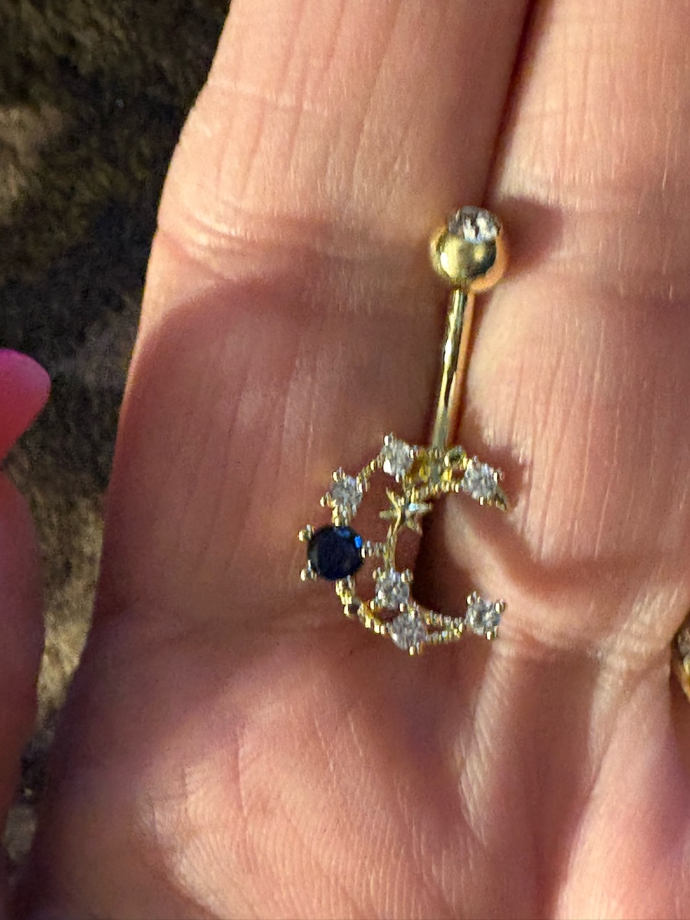 Belly Ring-Blue like sapphire, Stainless Steel Gold Tone Blue Moon Shaped